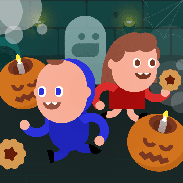 Spooky Cookie, two kids in Halloween costumes running past pumpkins and a ghost